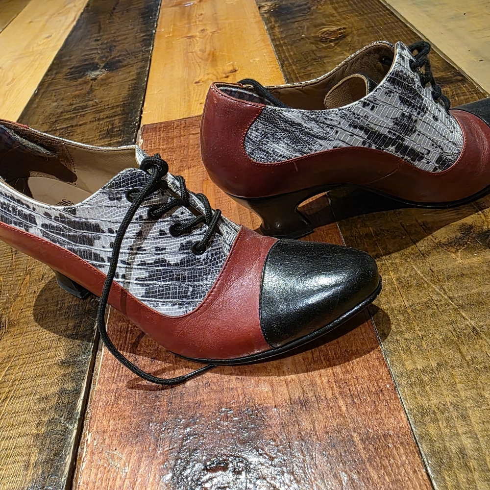 John Fluevog Red and Black Heels with Patterned Upper